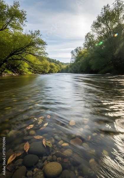 Fototapeta River flowing through scenic landscape with leaves and stones at bottom