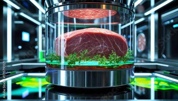 Fototapeta Futuristic lab-grown meat in high-tech chamber
