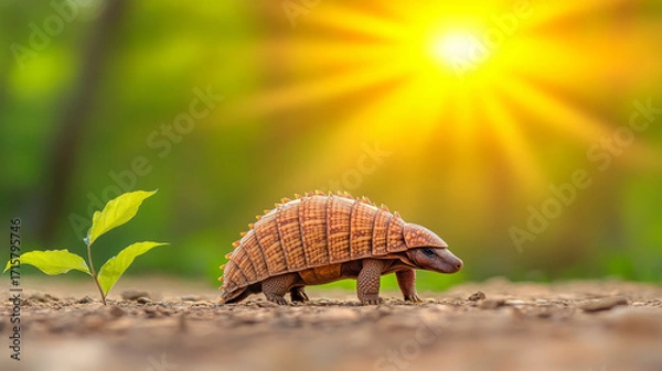 Fototapeta Armadillo walking on soil with sunlight and green background, peaceful and natural scene