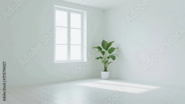 Fototapeta Minimalist white room with a potted plant near a window, illuminated by natural light