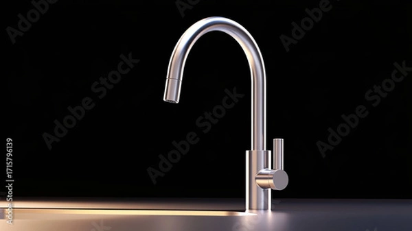 Fototapeta Sleek stainless steel kitchen faucet modern minimalist style, curved spout, elegant lighting