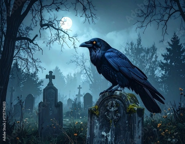 Fototapeta Raven perched on a tombstone in a misty graveyard at night under a full moon