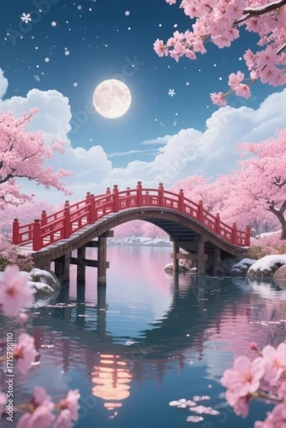 Fototapeta A serene night scene featuring a red arched bridge over a calm lake surrounded by cherry blossoms under a full moon.