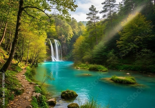 Fototapeta Serene waterfall cascade and lush emerald forest in the tranquil haven
