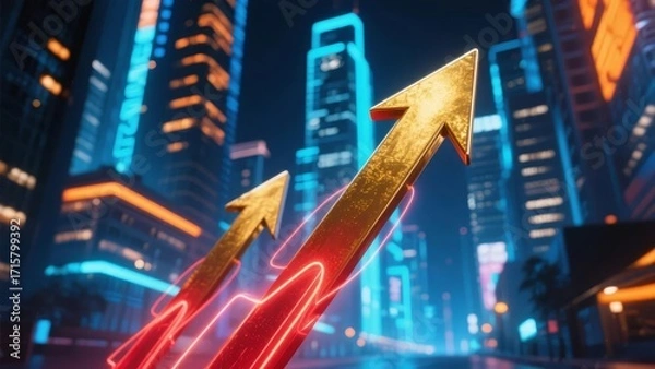 Fototapeta Golden arrows pointing upward with glowing trails against a futuristic city skyline at night