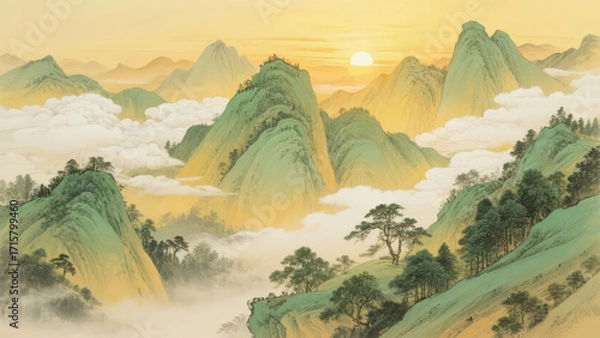 Fototapeta A serene mountain landscape with misty peaks, lush greenery, and a glowing sunrise above the clouds.