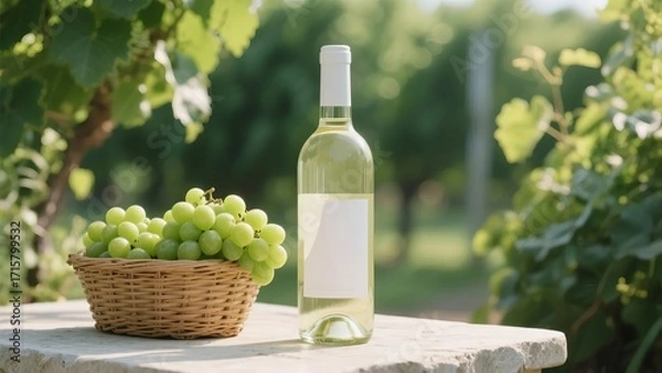 Fototapeta Bottle of white wine and basket of green grapes on stone table in vineyard