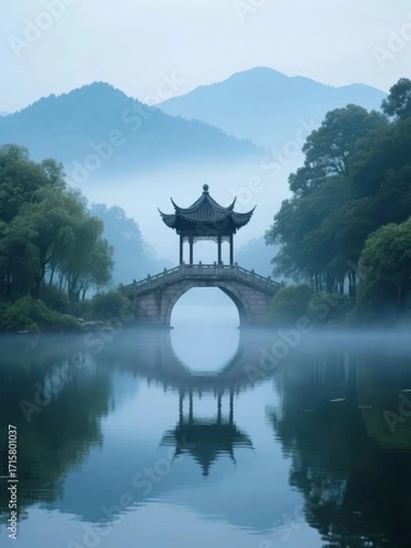 Fototapeta Traditional Chinese pavilion bridge over calm lake with mountain backdrop in misty morning