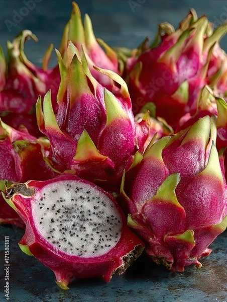 Fototapeta Dragon fruit, also known as nourishment, cuts open pink purple-red meat