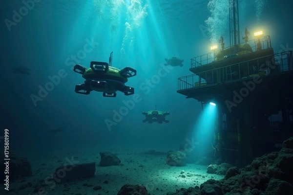 Fototapeta Underwater Scene of Mineral Extraction with Advanced Technology Vehicles