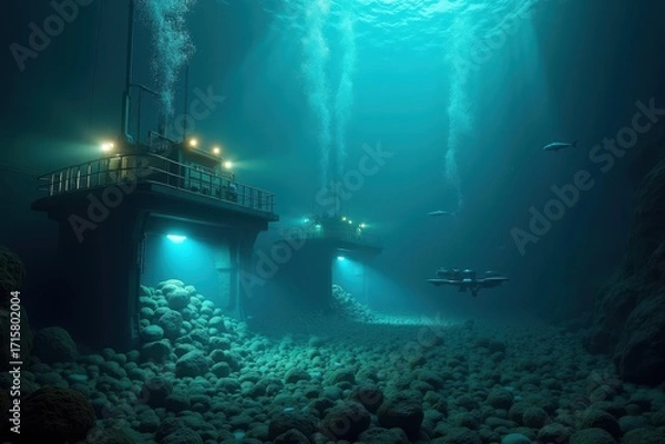 Fototapeta Underwater Sea Mineral Extraction Platforms in Deep Ocean Environment