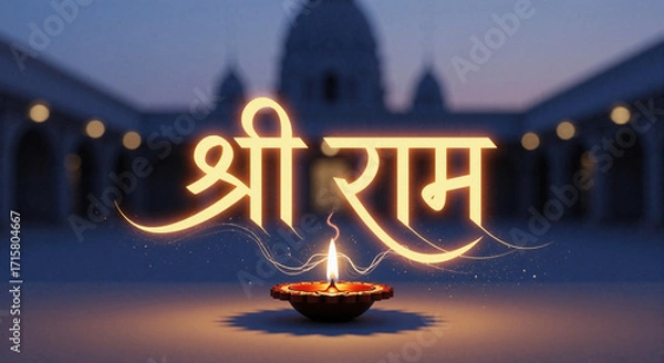 Fototapeta Temple Silhouette Embraces A Single Diya Beneath Shri Ram For Diwali, Uniting Architecture, Faith, And A Tranquil Blue Dusk To Honor Prayerful Beginnings And The Gentle Promise Of Luminous Hope.