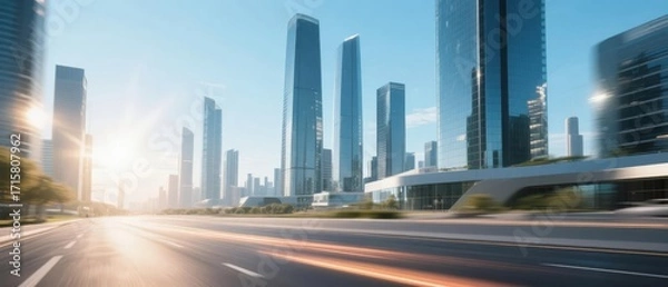 Fototapeta Modern city skyline with tall glass skyscrapers and a wide road under bright sunlight
