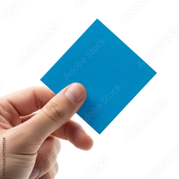Fototapeta Hand holding a small blue square card isolated on a white background PNG cutout transparent background isolate