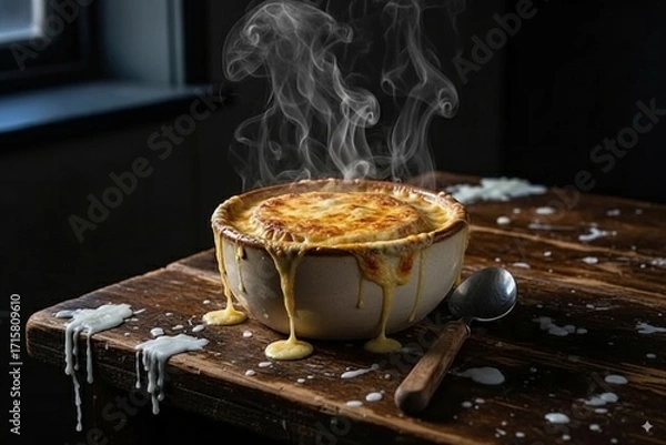 Obraz A bowl filled with hot cheese soup sits on a weathered wooden table, steam rising as cheese drips down the sides. The cozy scene suggests comfort and indulgence.