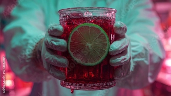 Obraz A cocktail with a bright red color and a slice of lime is held up by gloved hands, illuminating the lively atmosphere of an evening gathering with colorful lighting.