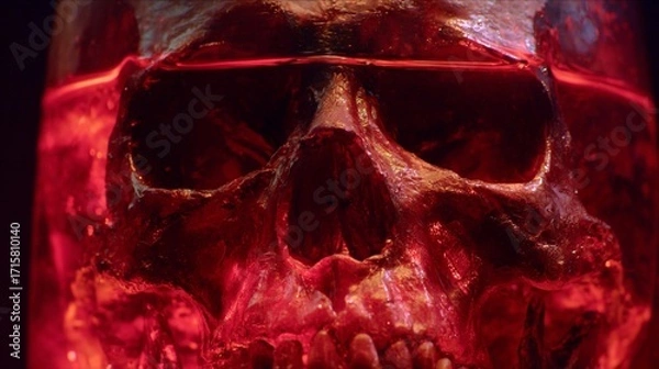 Obraz A realistic skull is submerged in a bright red liquid, showcasing its fine details and textures. The vibrant color creates a striking, somewhat eerie atmosphere typical of a museum or art exhibit.