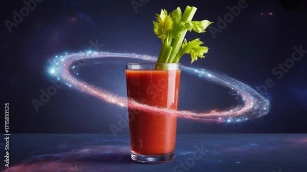 Obraz A glass filled with a vibrant red drink features a crisp celery stalk. The drink is surrounded by a mesmerizing cosmic swirl, creating a unique and dreamy setting.