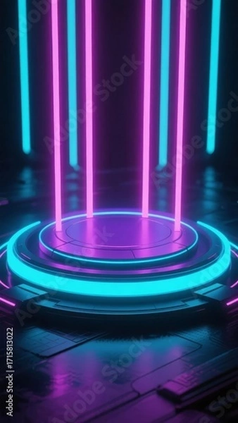 Obraz Futuristic neon-lit platform with glowing vertical beams in a dark environment