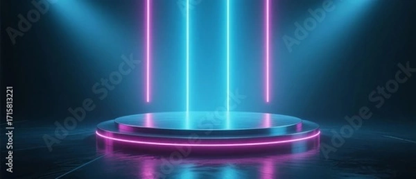 Obraz Neon-lit circular platform with vertical light beams in a dark studio environment