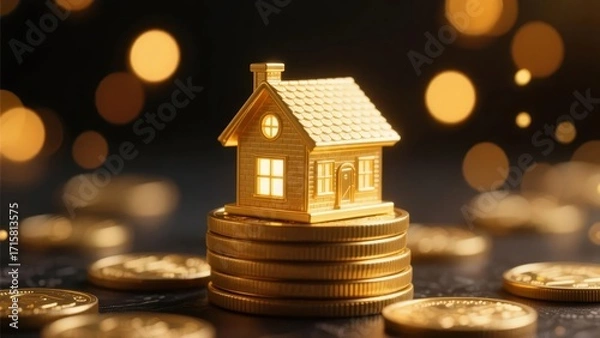 Obraz Golden house model placed on stacked coins with bokeh background