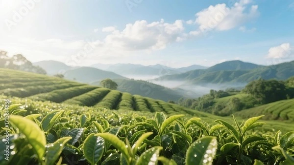 Obraz Lush green tea plantation with rolling hills and misty mountains under a bright blue sky