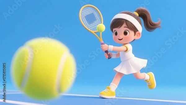 Fototapeta A cartoon girl playing tennis on a court with a ball in motion