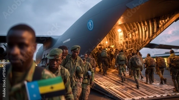 Obraz Focused military soldiers boarding transport aircraft during peacekeeping mission deployment at airport runway