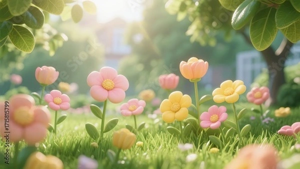 Fototapeta A vibrant garden scene with colorful flowers blooming in a sunlit meadow surrounded by green foliage and trees.