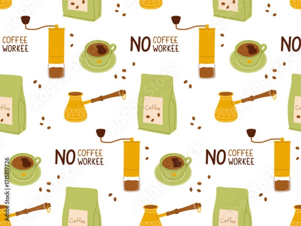 Obraz Seamless coffee pattern with cezve, grinder, lettering. Vector illustration for packaging, textile, branding