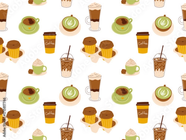 Obraz Seamless coffee pattern with different coffee cups. Vector illustration for packaging, textile, wallpaper design