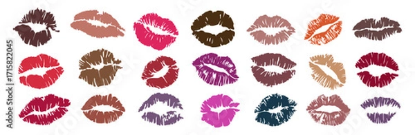 Fototapeta Set of colorful lipstick kiss prints in various shapes. Sexy female lips, makeup-inspired, vector illustrations isolated on transparent background, perfect for fashion and beauty designs