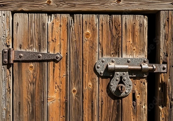 Fototapeta Weathered wooden door with aged metal hardware and rustic textures