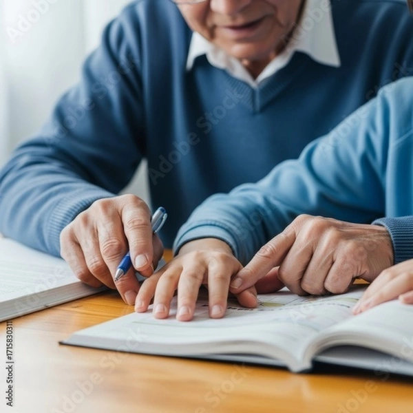 Fototapeta Mentoring guides student with document at wooden table
