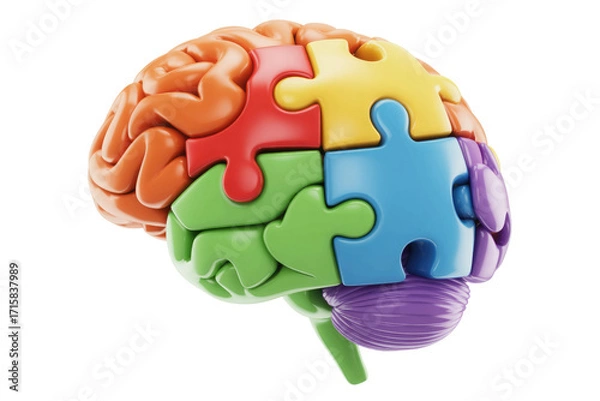 Obraz Colorful puzzle pieces forming a brain, representing intelligence, problem-solving, and cognitive functions. background removed