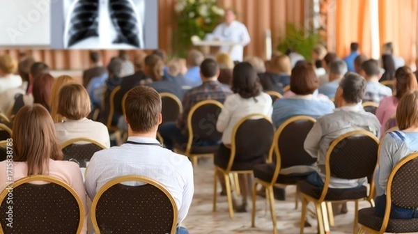 Fototapeta A focused audience attentively listens to a speaker presenting medical imagery, likely during a healthcare conference or educational seminar, conveying a sense of professional learning.