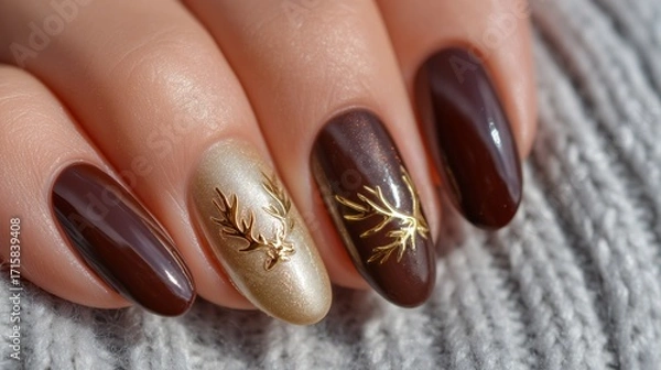 Fototapeta Minimalist deer antler nails in brown and gold, rustic yet elegant, plain high-contrast backdrop