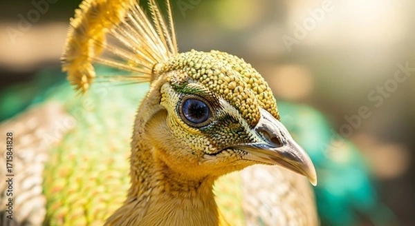 Fototapeta Close-up view of a peacock's head, showcasing the vibrant colors and intricate details of its plumage.