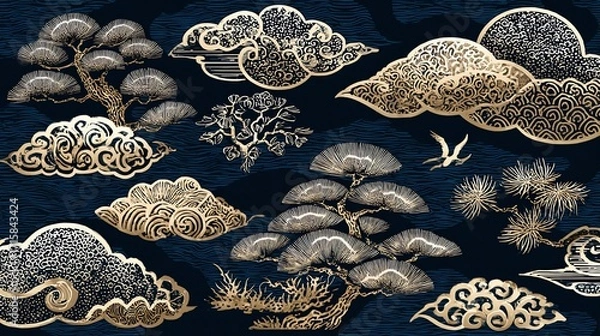Fototapeta An intricate, decorative pattern showcases stylized trees and swirling clouds in metallic gold tones against a deep navy background, evoking a sense of traditional artistry and serene beauty.