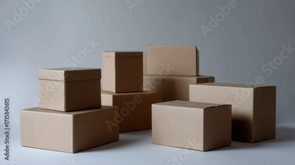 Fototapeta Cardboard boxes stacked neatly together on neutral grey background