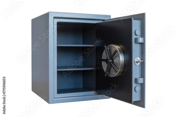 Obraz A gray metal safe with an open door, revealing empty shelves and a combination lock. background removed