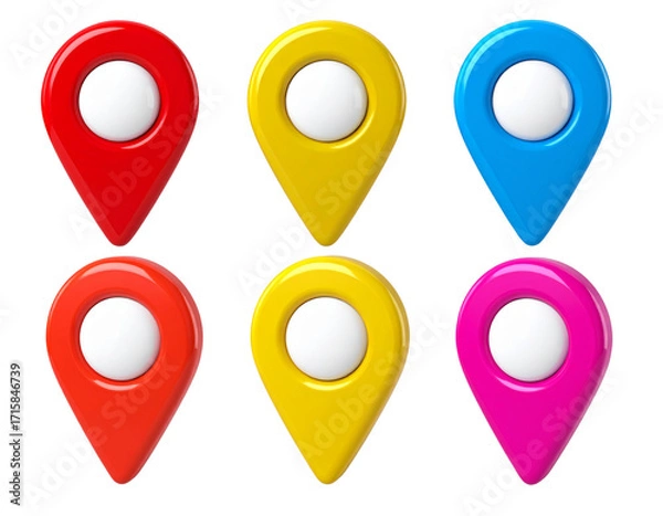 Fototapeta Ultra-detailed 8K PNG of multiple 3D cartoon location pins, arranged in playful scatt 78290
