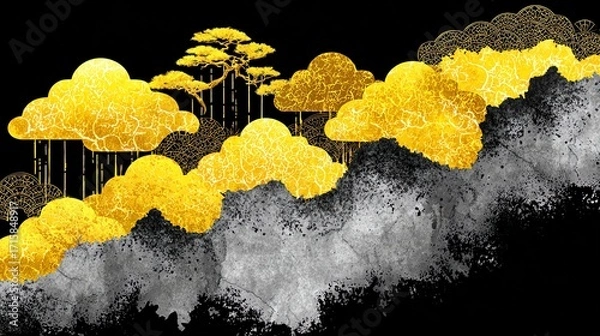 Fototapeta An elegant composition depicts golden clouds and a stylized tree against a dark backdrop, evoking a sense of serene beauty and traditional artistry, with textured brushstrokes.