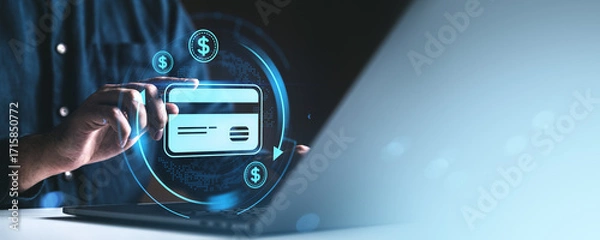 Fototapeta Man using credit card for online payment with digital banking icons on screen.