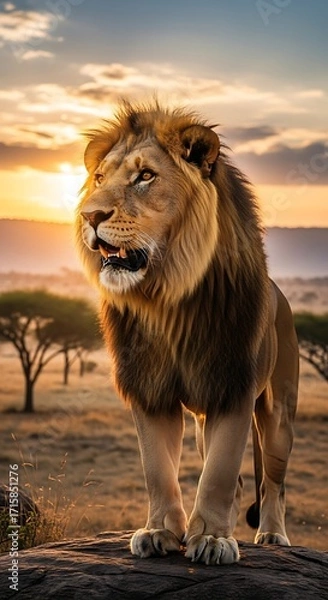 Fototapeta Majestic lion stands proud on a rock outcrop at sunrise, showcasing its golden mane and powerful stance against a beautiful, warm sunrise backdrop.
