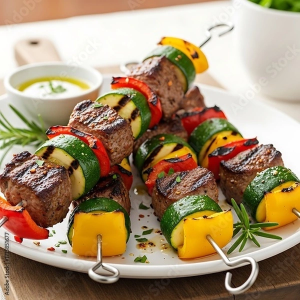 Fototapeta Appetizing grilled skewers featuring grilled beef and colorful vegetables, served on a white plate.