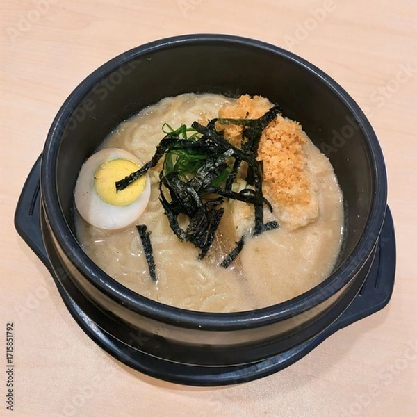 Obraz Japanese Ramen Noodle Soup with Egg and Seaweed in Black Bowl
