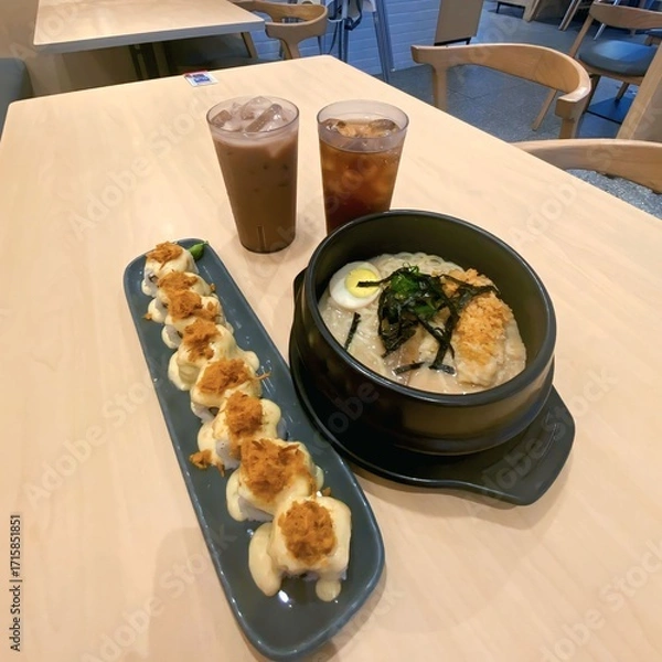 Obraz Japanese Food Set with Sushi Roll, Ramen, and Iced Drinks on Table
