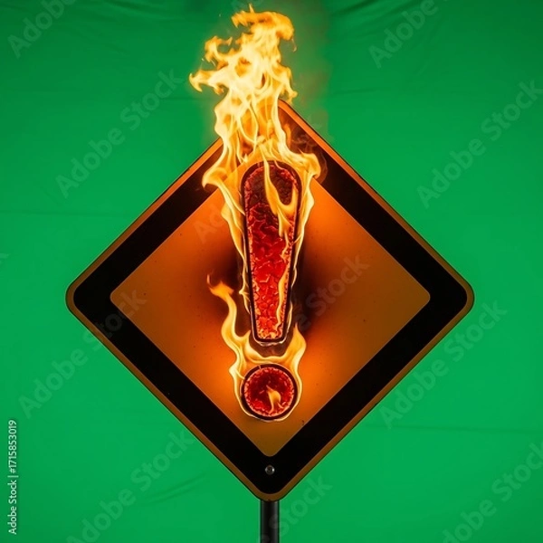 Fototapeta A cautionary sign, shaped like an exclamation point, blazes with intense fire against a vibrant green background.
