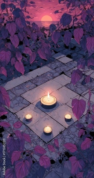 Fototapeta Serene sunset scene; a central candle flanked by three smaller ones on a stone path, framed by deep purple leaves